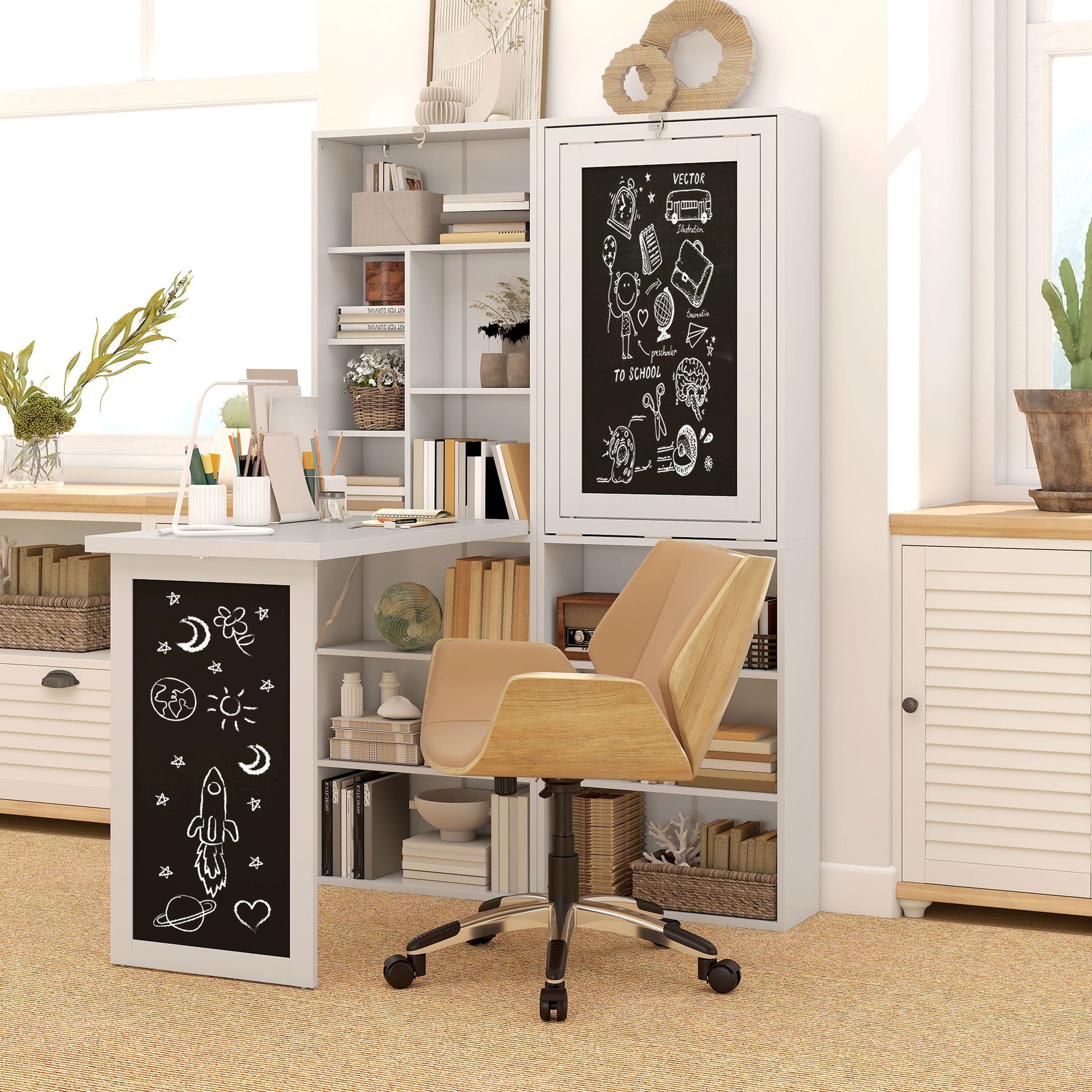 Folding Computer Desk, Desk with Storage, Wall-Mounted Foldable Table with Bookshelf, Workstation, Chalkboard, and Adjustable Shelf, White