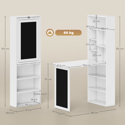 Folding Computer Desk, Desk with Storage, Wall-Mounted Foldable Table with Bookshelf, Workstation, Chalkboard, and Adjustable Shelf, White