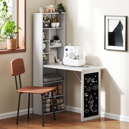 Folding Computer Desk, Desk with Storage, Wall-Mounted Foldable Table with Bookshelf, Workstation, Chalkboard, and Adjustable Shelf, White