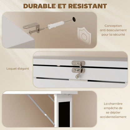Folding Computer Desk, Desk with Storage, Wall-Mounted Foldable Table with Bookshelf, Workstation, Chalkboard, and Adjustable Shelf, White