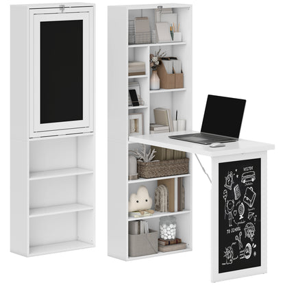 Folding Computer Desk, Desk with Storage, Wall-Mounted Foldable Table with Bookshelf, Workstation, Chalkboard, and Adjustable Shelf, White