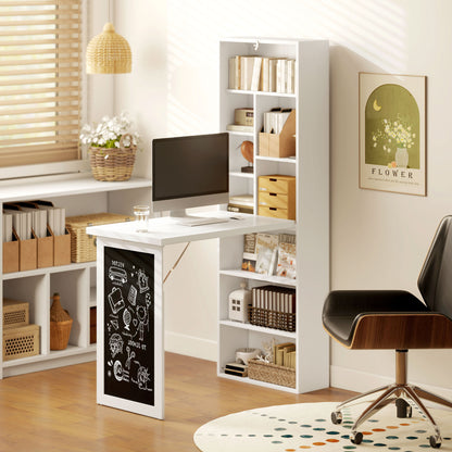 Folding Computer Desk, Desk with Storage, Wall-Mounted Foldable Table with Bookshelf, Workstation, Chalkboard, and Adjustable Shelf, White