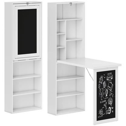 Folding Computer Desk, Desk with Storage, Wall-Mounted Foldable Table with Bookshelf, Workstation, Chalkboard, and Adjustable Shelf, White