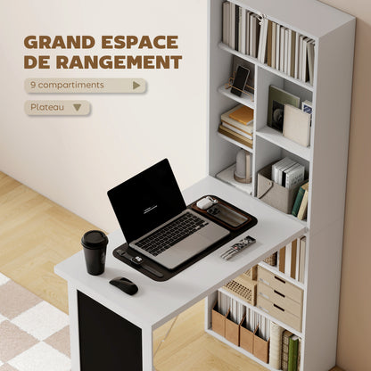Folding Computer Desk, Desk with Storage, Wall-Mounted Foldable Table with Bookshelf, Workstation, Chalkboard, and Adjustable Shelf, White