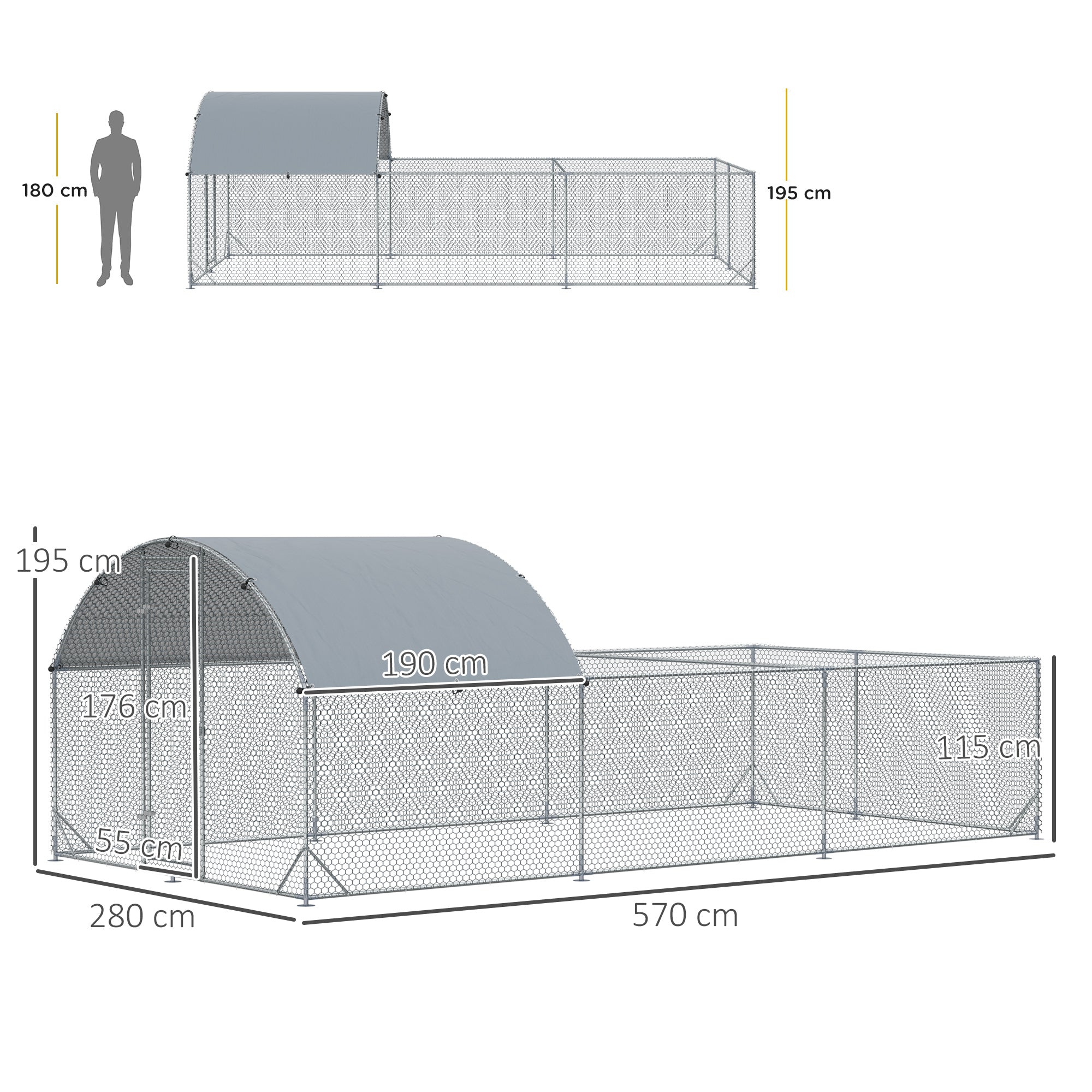 Outdoor Chicken Run Steel 570x280cm, Cage for Rabbits and Ducks with Anti-UV PE Cover