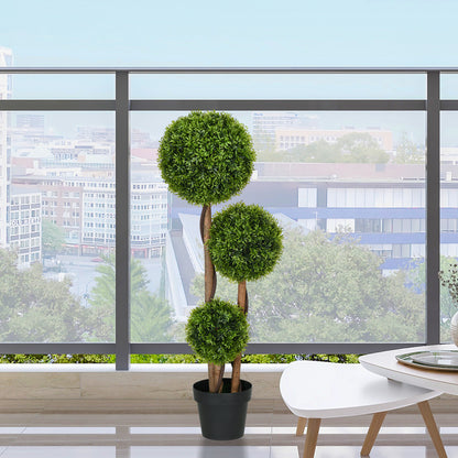 Artificial Tree, Artificial Plant, Boxwood with 3 Bamboo Leaf Balls, Pot Included, Indoor and Outdoor, Height 110 cm, No Assembly Required, Green