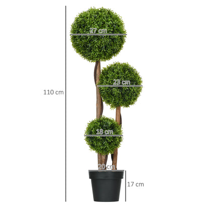 Artificial Tree, Artificial Plant, Boxwood with 3 Bamboo Leaf Balls, Pot Included, Indoor and Outdoor, Height 110 cm, No Assembly Required, Green