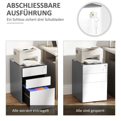 Rolling Container, Mobile Filing Cabinet with 3 Drawers, Lockable Office Cabinet with Hanging File Organizer, Storage, Steel, 39 x 48 x 59 cm White+Gray