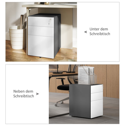 Rolling Container, Mobile Filing Cabinet with 3 Drawers, Lockable Office Cabinet with Hanging File Organizer, Storage, Steel, 39 x 48 x 59 cm White+Gray