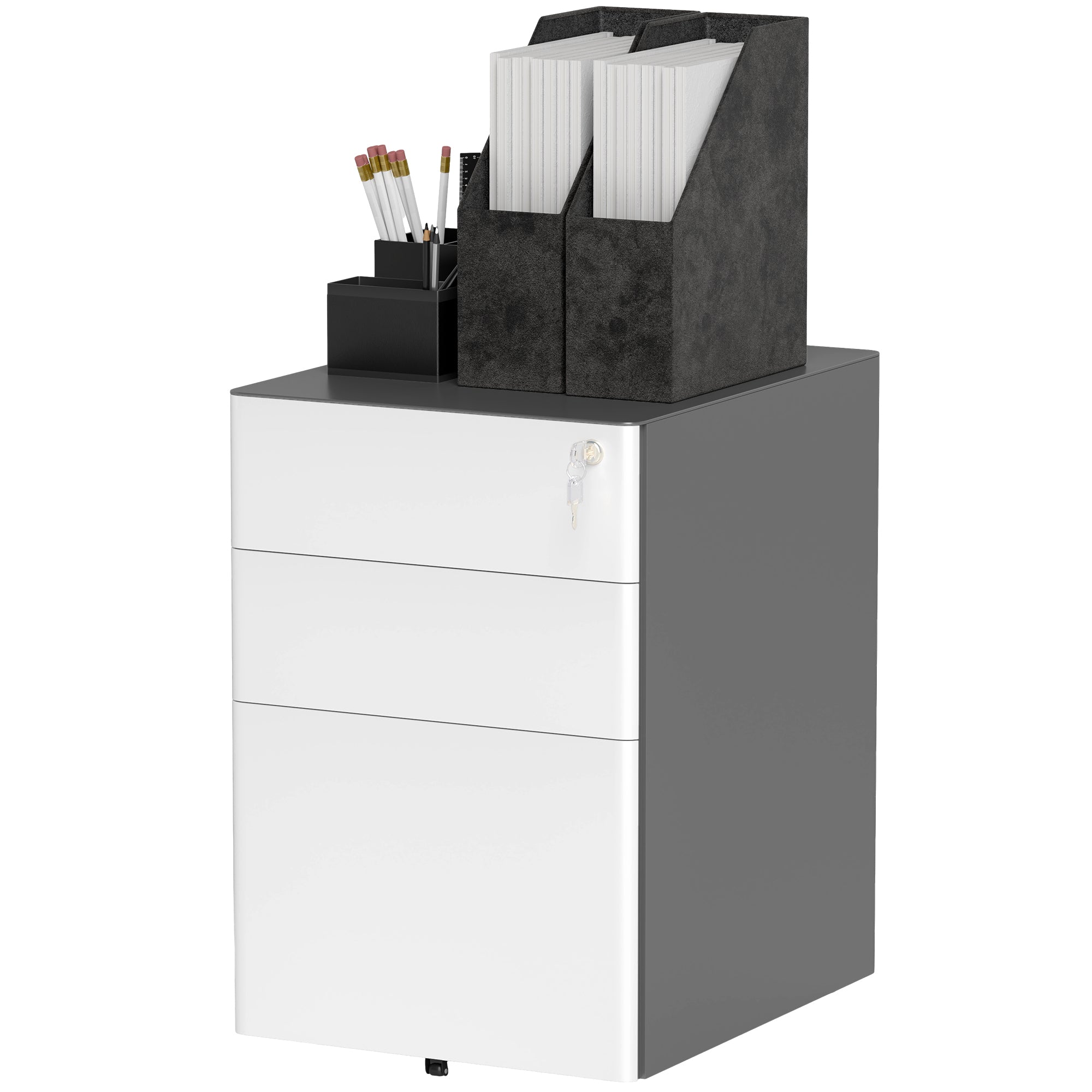 Rolling Container, Mobile Filing Cabinet with 3 Drawers, Lockable Office Cabinet with Hanging File Organizer, Storage, Steel, 39 x 48 x 59 cm White+Gray