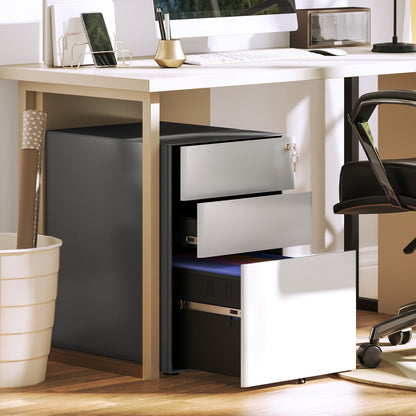 Rolling Container, Mobile Filing Cabinet with 3 Drawers, Lockable Office Cabinet with Hanging File Organizer, Storage, Steel, 39 x 48 x 59 cm White+Gray