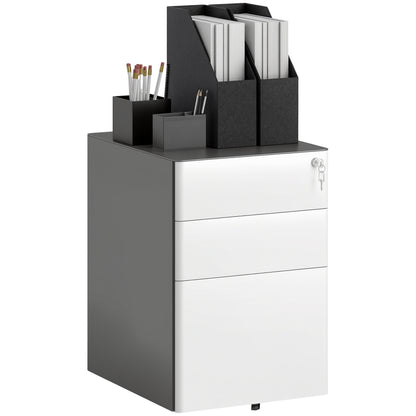 Rolling Container, Mobile Filing Cabinet with 3 Drawers, Lockable Office Cabinet with Hanging File Organizer, Storage, Steel, 39 x 48 x 59 cm White+Gray
