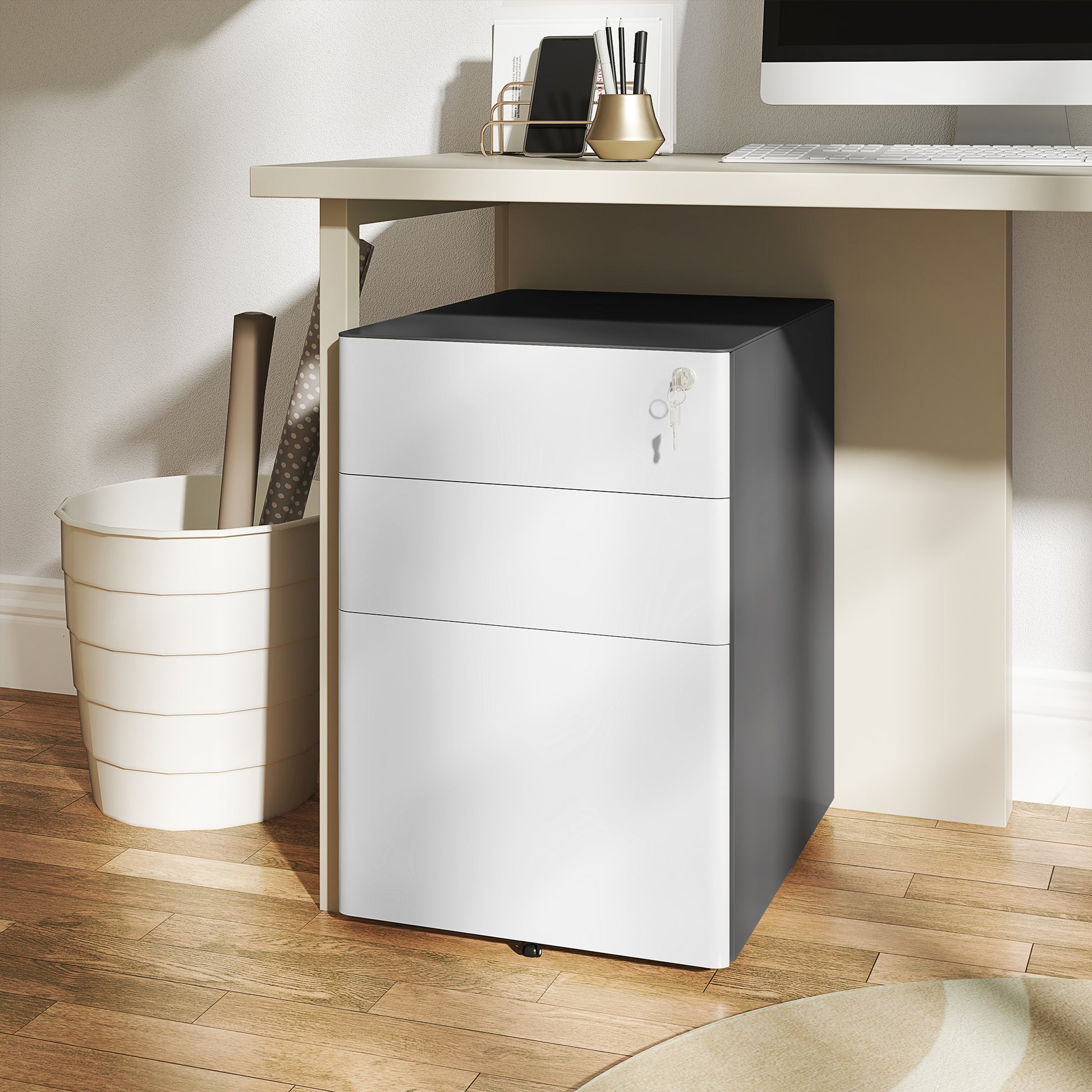 Rolling Container, Mobile Filing Cabinet with 3 Drawers, Lockable Office Cabinet with Hanging File Organizer, Storage, Steel, 39 x 48 x 59 cm White+Gray