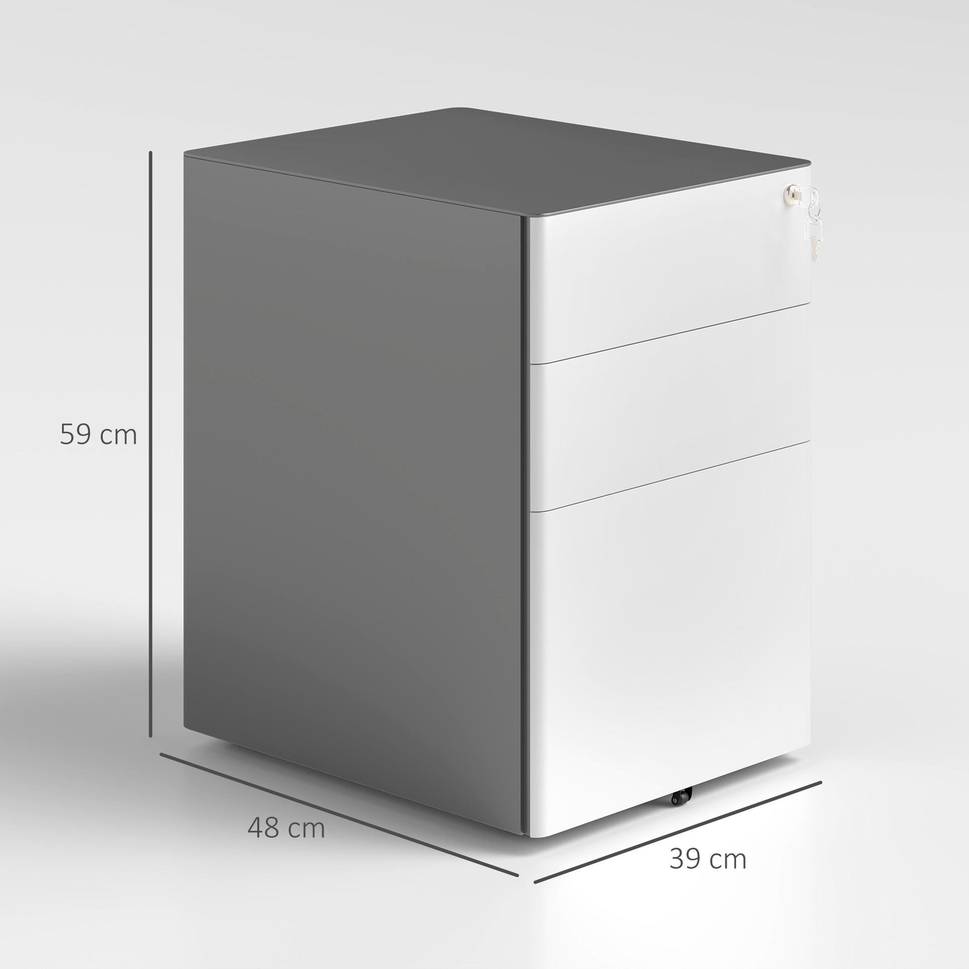 Rolling Container, Mobile Filing Cabinet with 3 Drawers, Lockable Office Cabinet with Hanging File Organizer, Storage, Steel, 39 x 48 x 59 cm White+Gray