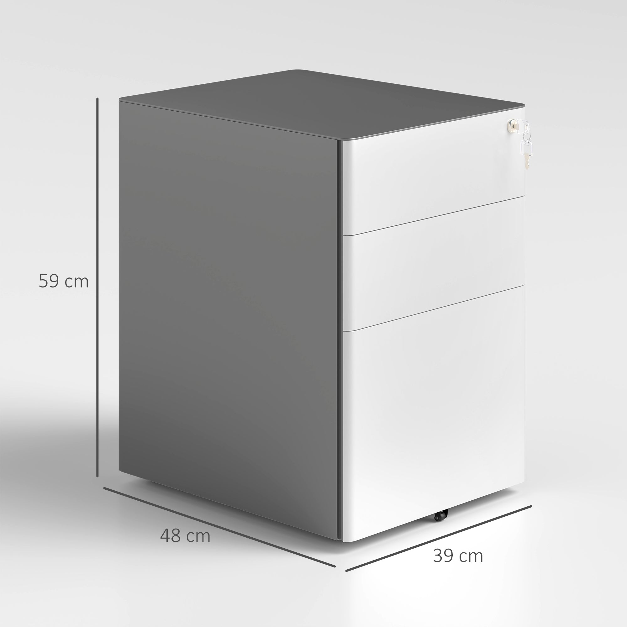 Rolling Container, Mobile Filing Cabinet with 3 Drawers, Lockable Office Cabinet with Hanging File Organizer, Storage, Steel, 39 x 48 x 59 cm White+Gray