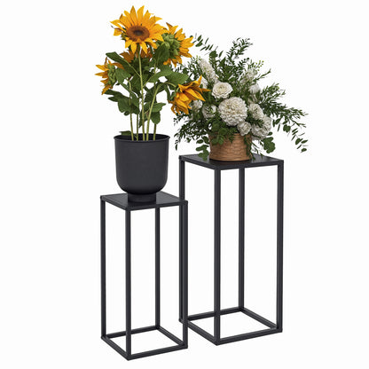 Set of 2 Plant Stands, Flower Stools with Steel Legs, Scandinavian Design, Flower Stand for Garden, Balcony, Black