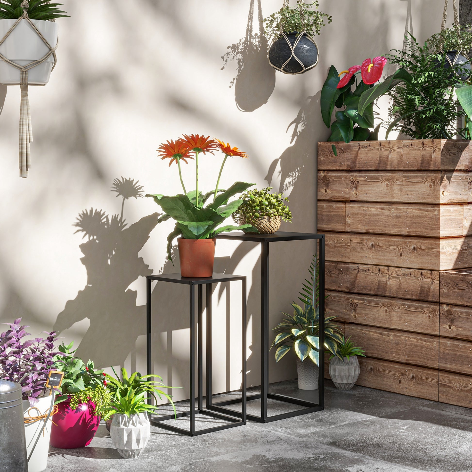 Set of 2 Plant Stands, Flower Stools with Steel Legs, Scandinavian Design, Flower Stand for Garden, Balcony, Black