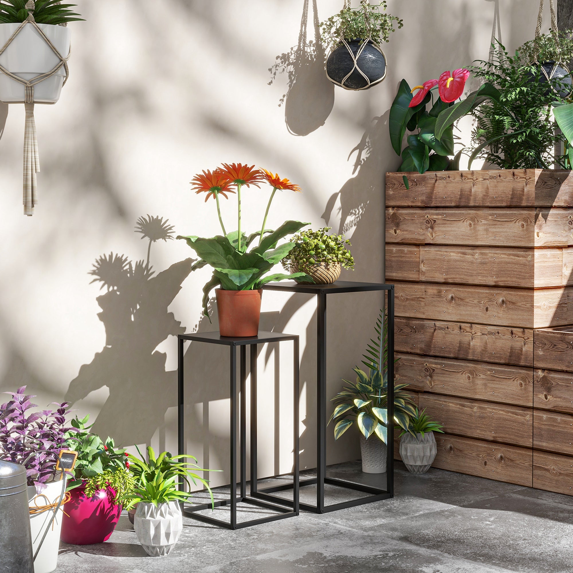 Set of 2 Plant Stands, Flower Stools with Steel Legs, Scandinavian Design, Flower Stand for Garden, Balcony, Black