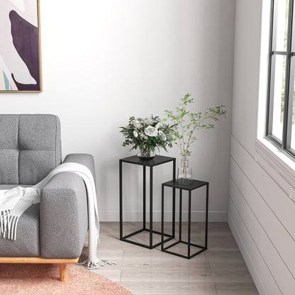 Set of 2 Plant Stands, Flower Stools with Steel Legs, Scandinavian Design, Flower Stand for Garden, Balcony, Black