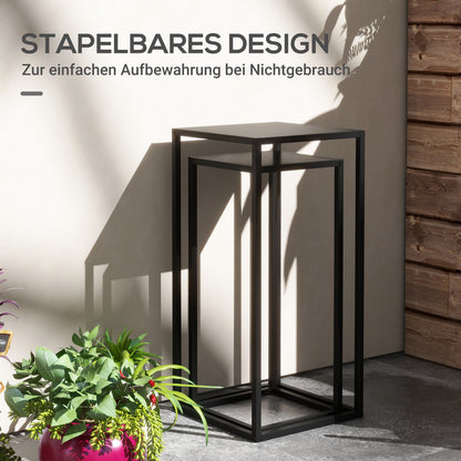 Set of 2 Plant Stands, Flower Stools with Steel Legs, Scandinavian Design, Flower Stand for Garden, Balcony, Black