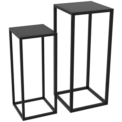 Set of 2 Plant Stands, Flower Stools with Steel Legs, Scandinavian Design, Flower Stand for Garden, Balcony, Black