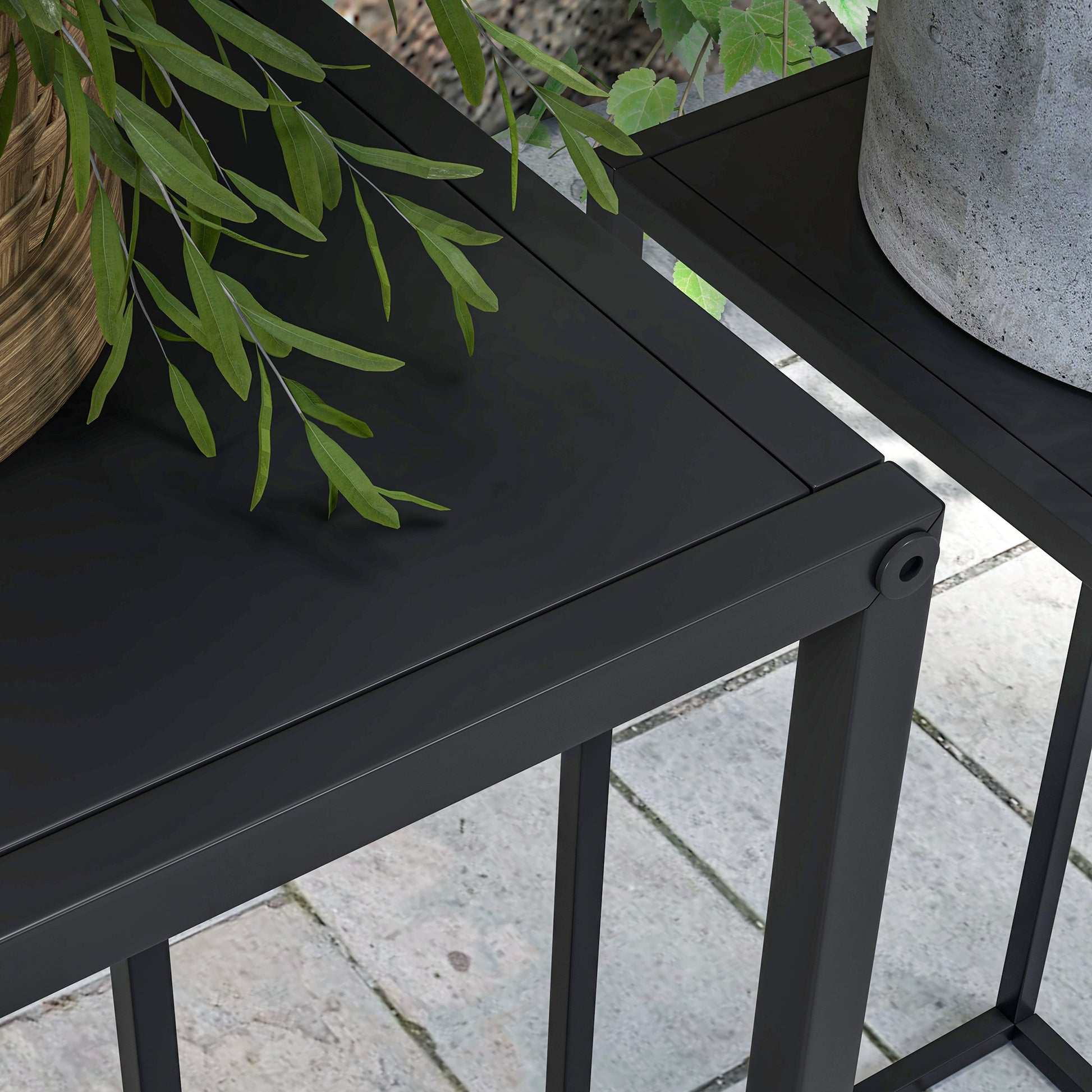 Set of 2 Plant Stands, Flower Stools with Steel Legs, Scandinavian Design, Flower Stand for Garden, Balcony, Black