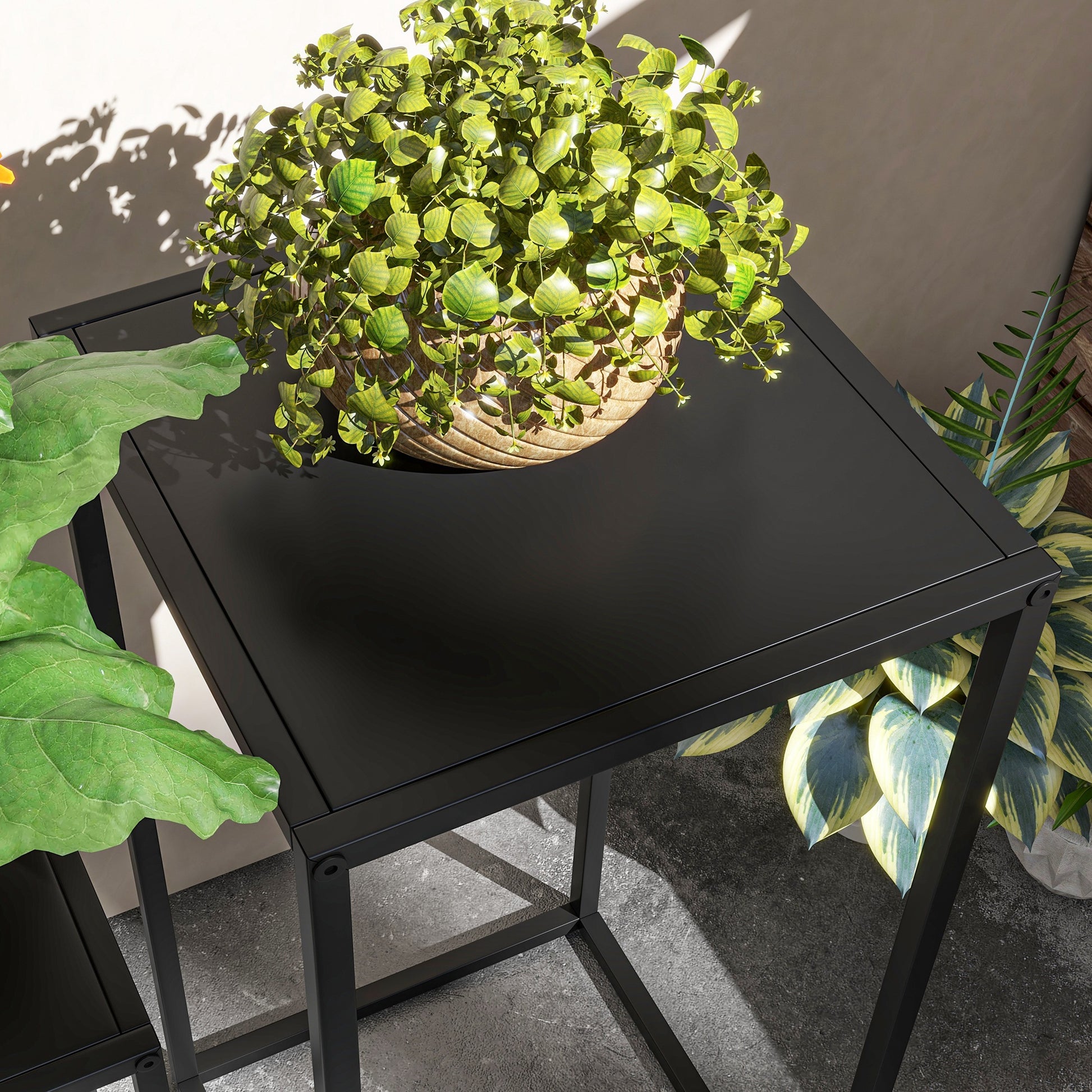 Set of 2 Plant Stands, Flower Stools with Steel Legs, Scandinavian Design, Flower Stand for Garden, Balcony, Black