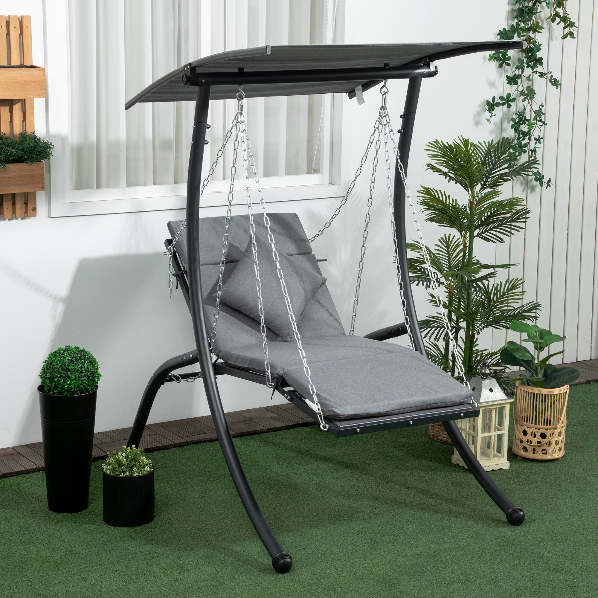 Hollywood Swing, Garden Swing with Cushion, Hanging Bed with Adjustable Sunroof for Garden, Balcony, 108 x 145 x 169 cm, Steel, Dark Grey