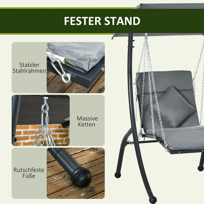 Hollywood Swing, Garden Swing with Cushion, Hanging Bed with Adjustable Sunroof for Garden, Balcony, 108 x 145 x 169 cm, Steel, Dark Grey