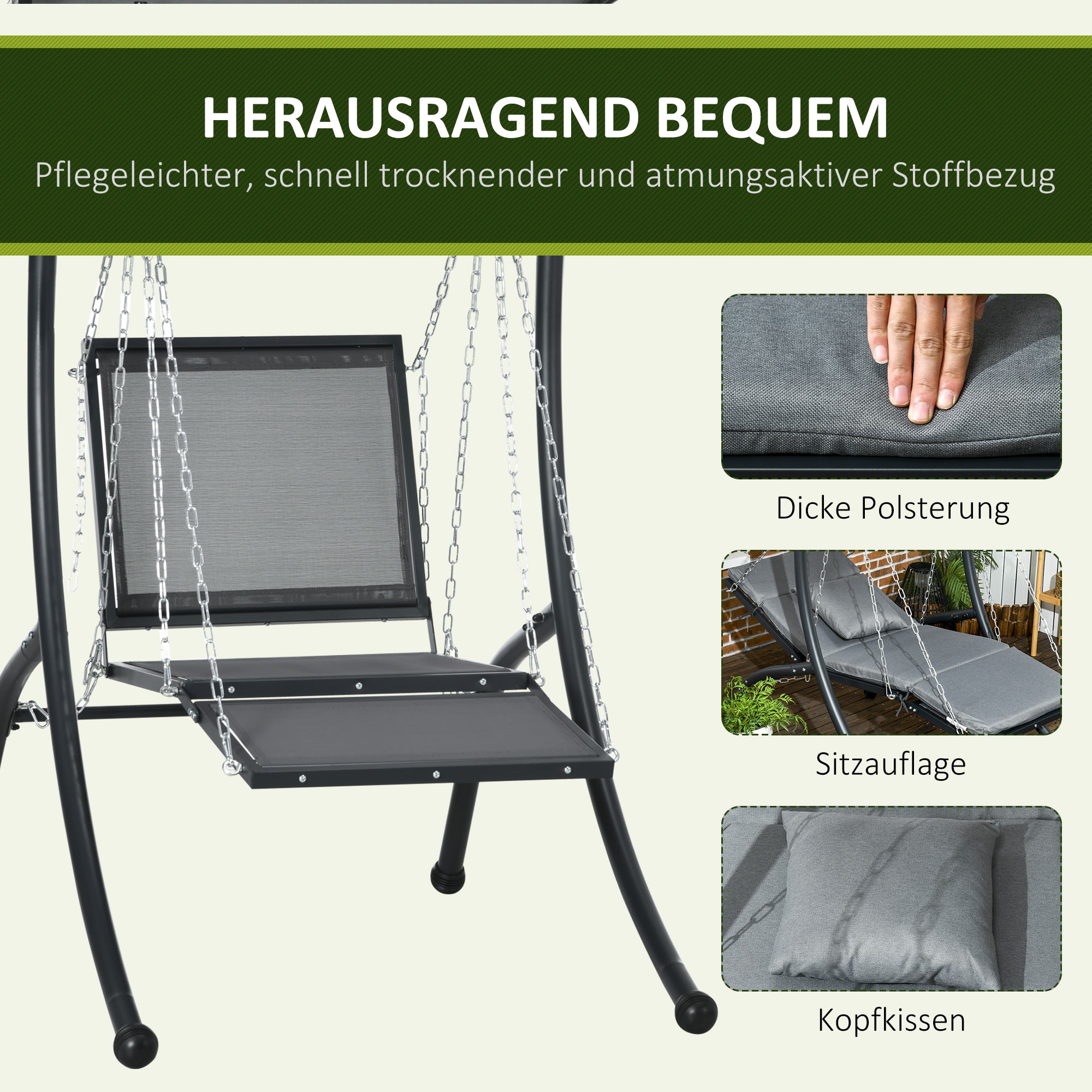 Hollywood Swing, Garden Swing with Cushion, Hanging Bed with Adjustable Sunroof for Garden, Balcony, 108 x 145 x 169 cm, Steel, Dark Grey