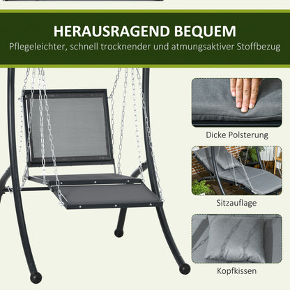 Hollywood Swing, Garden Swing with Cushion, Hanging Bed with Adjustable Sunroof for Garden, Balcony, 108 x 145 x 169 cm, Steel, Dark Grey