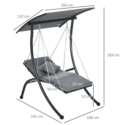 Hollywood Swing, Garden Swing with Cushion, Hanging Bed with Adjustable Sunroof for Garden, Balcony, 108 x 145 x 169 cm, Steel, Dark Grey