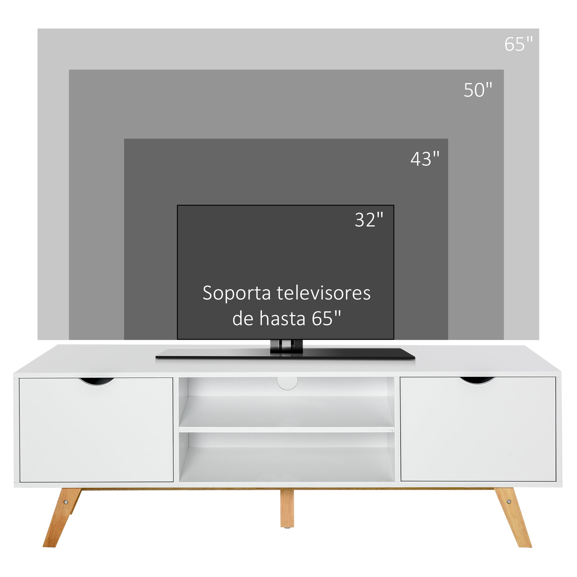 Modern TV Stand TV Table for 65-Inch TVs Living Room TV Stand with 2 Doors 2 Open Shelves and Wooden Legs 150x39x50 cm White
