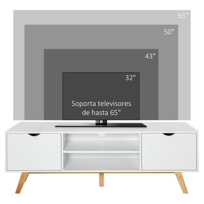 Modern TV Stand TV Table for 65-Inch TVs Living Room TV Stand with 2 Doors 2 Open Shelves and Wooden Legs 150x39x50 cm White