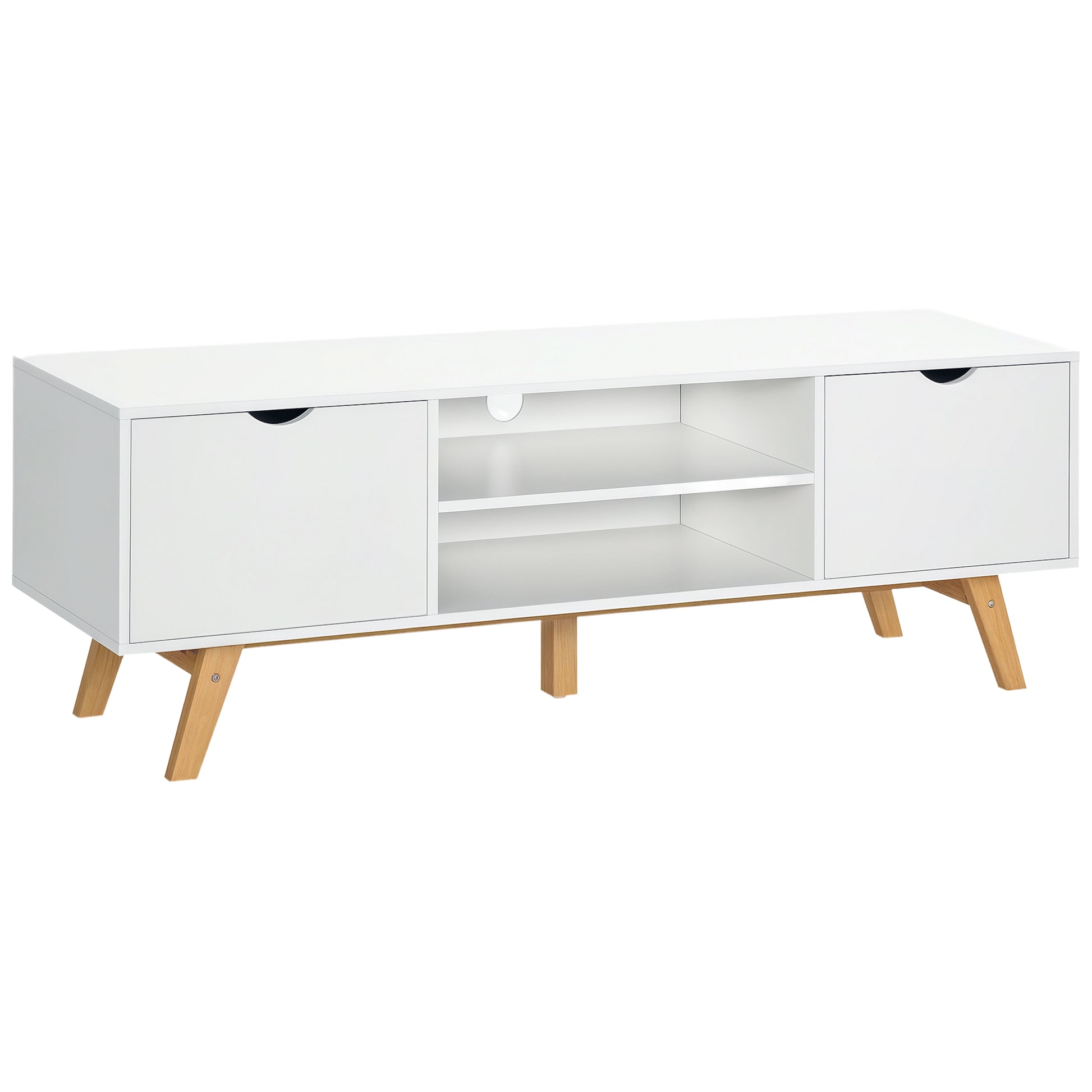Modern TV Stand TV Table for 65-Inch TVs Living Room TV Stand with 2 Doors 2 Open Shelves and Wooden Legs 150x39x50 cm White