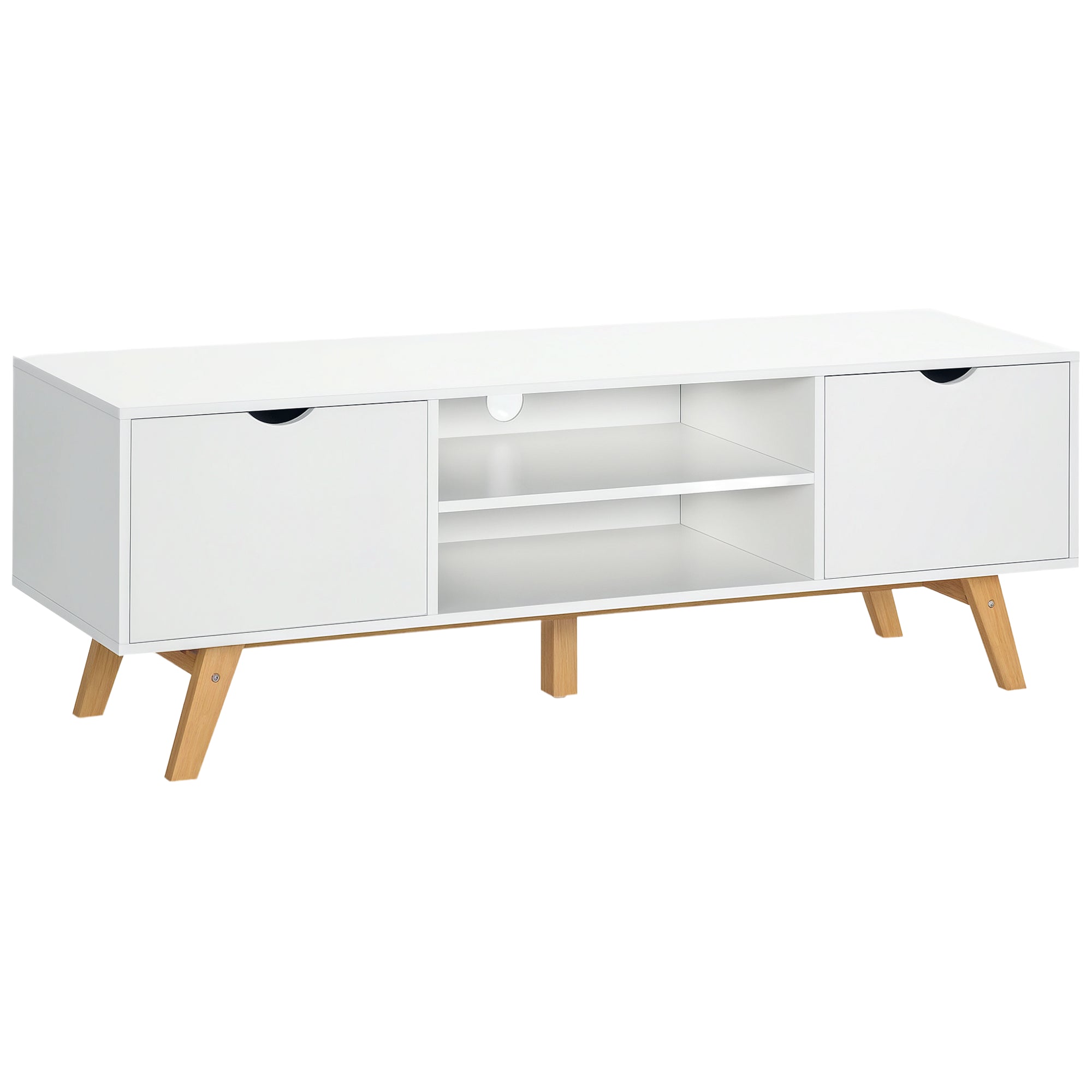 Modern TV Stand TV Table for 65-Inch TVs Living Room TV Stand with 2 Doors 2 Open Shelves and Wooden Legs 150x39x50 cm White