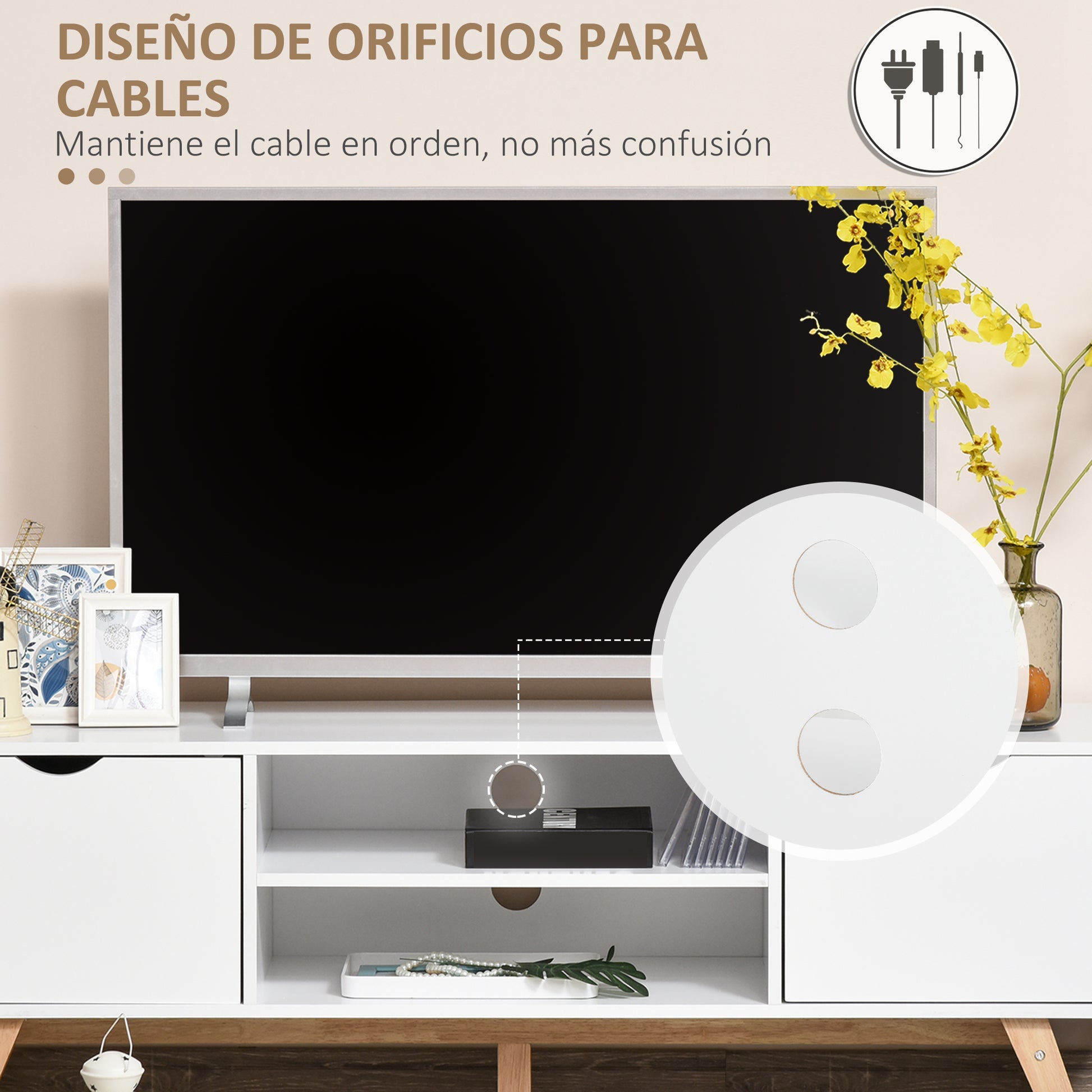 Modern TV Stand TV Table for 65-Inch TVs Living Room TV Stand with 2 Doors 2 Open Shelves and Wooden Legs 150x39x50 cm White