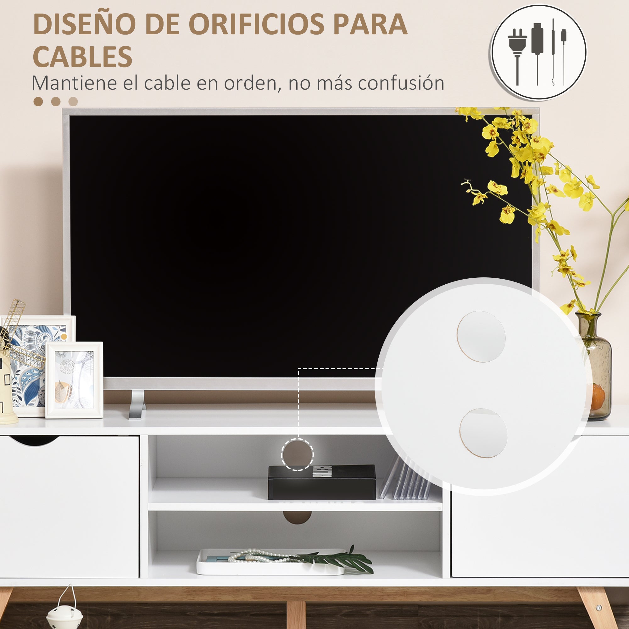 Modern TV Stand TV Table for 65-Inch TVs Living Room TV Stand with 2 Doors 2 Open Shelves and Wooden Legs 150x39x50 cm White