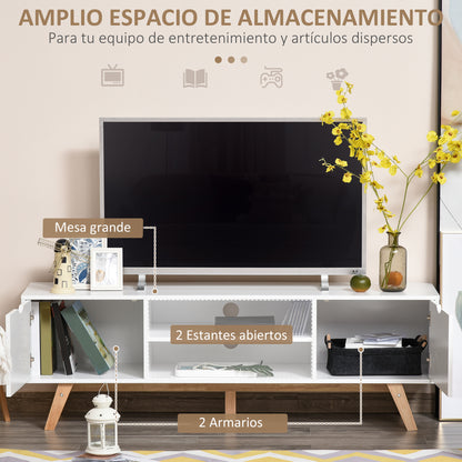 Modern TV Stand TV Table for 65-Inch TVs Living Room TV Stand with 2 Doors 2 Open Shelves and Wooden Legs 150x39x50 cm White