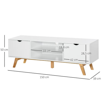 Modern TV Stand TV Table for 65-Inch TVs Living Room TV Stand with 2 Doors 2 Open Shelves and Wooden Legs 150x39x50 cm White