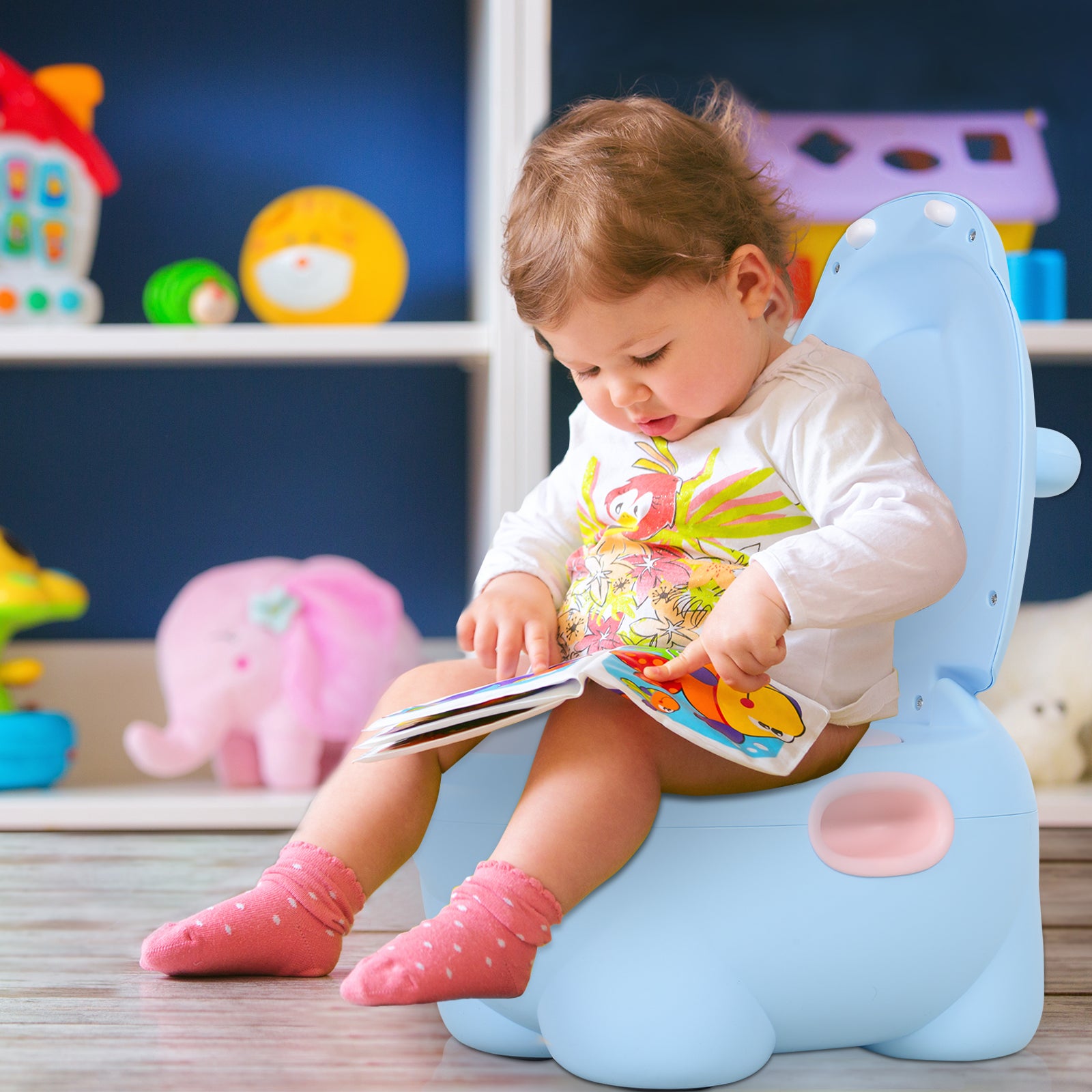 Hippo-Shaped Baby Potty 2 in 1 with Removable Pot and Toilet Brush for Learning Training Load 25 kg 40x30x23 cm Blue