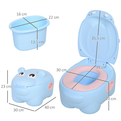 Hippo-Shaped Baby Potty 2 in 1 with Removable Pot and Toilet Brush for Learning Training Load 25 kg 40x30x23 cm Blue