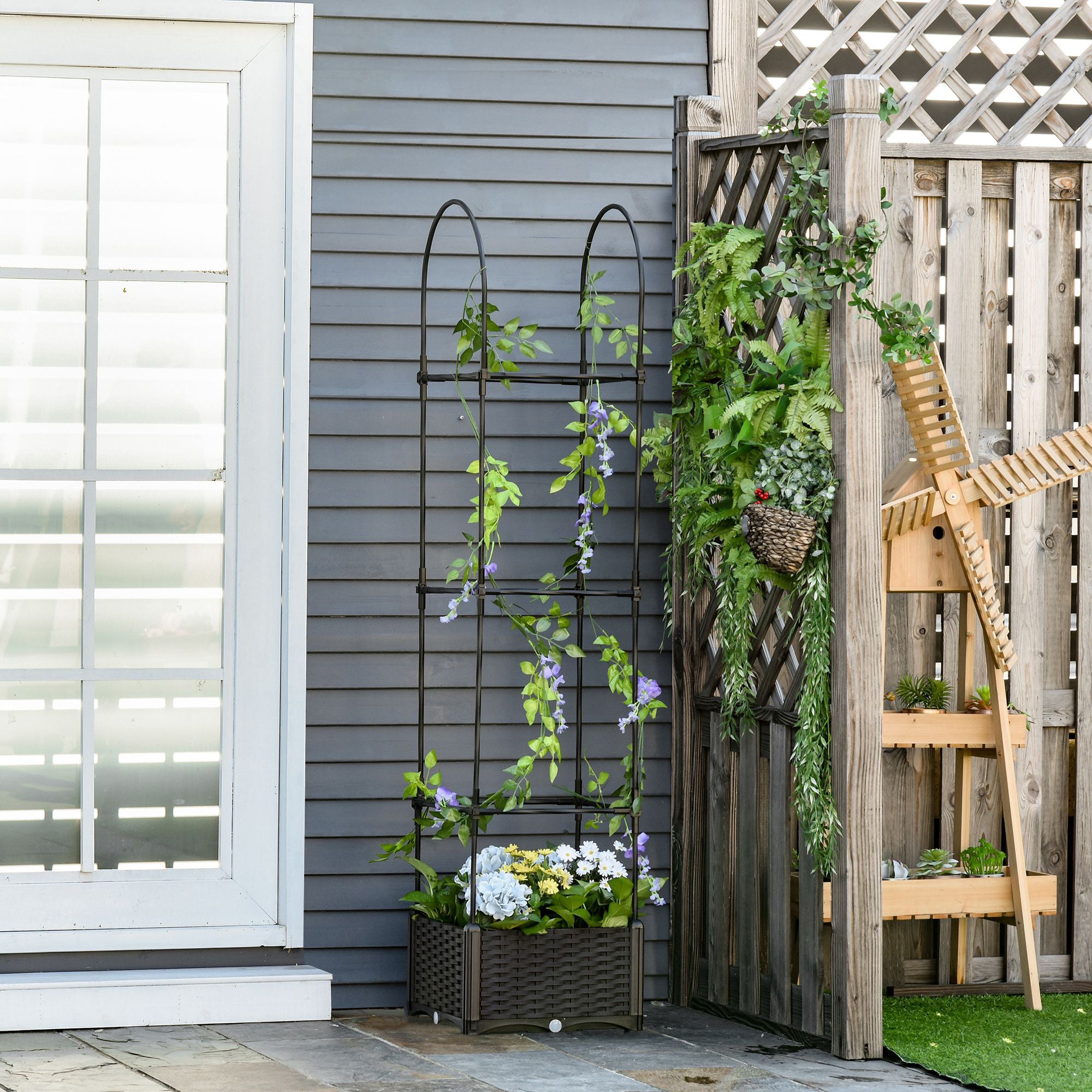 Outdoor Planter with Self-Watering Pot and Trellis Shelf for Climbing Plants Brown and Black, 40x40x177cm