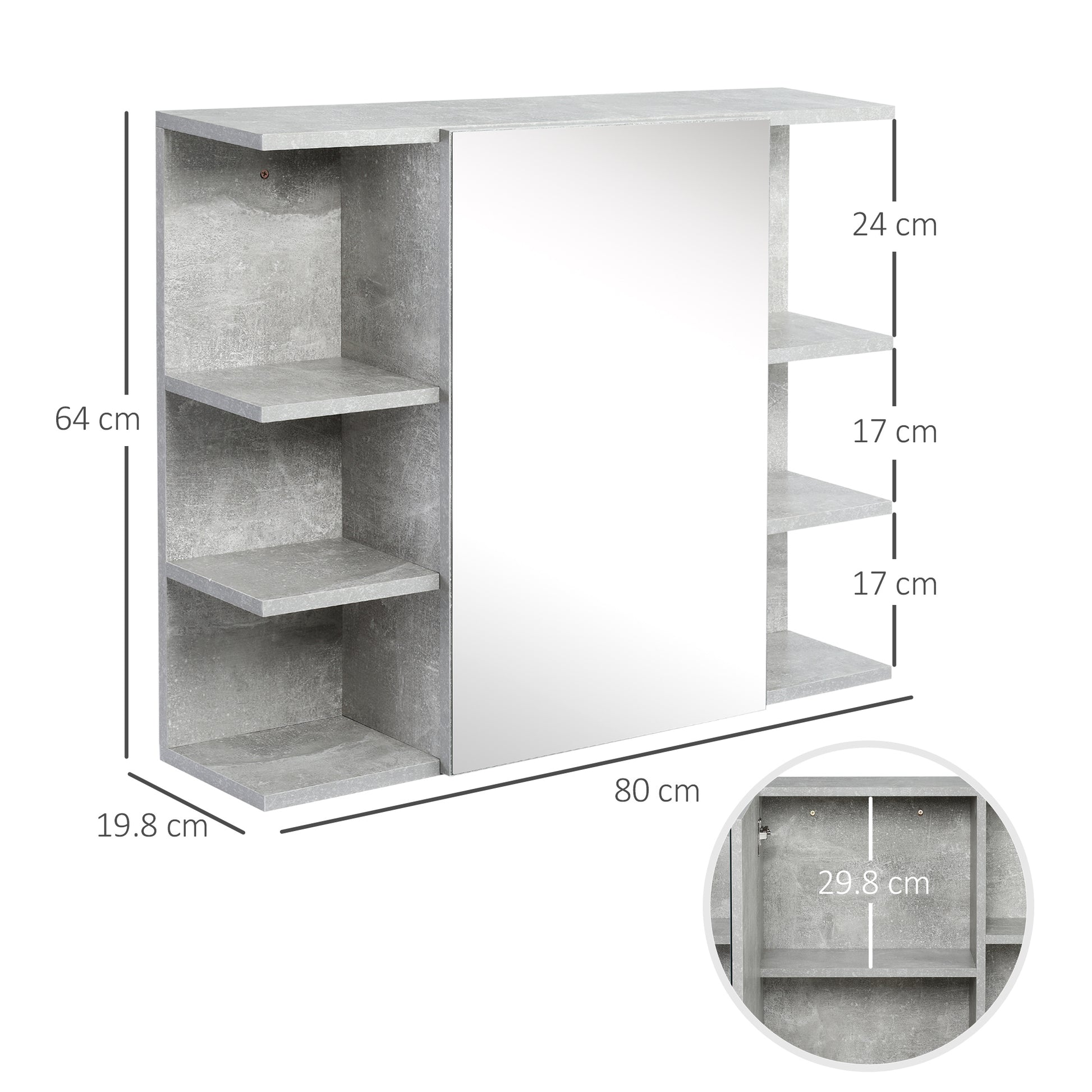 Wall-Mounted Bathroom Mirror Cabinet, Modern Wooden Wall Cabinet with Mirror Door and Shelves, 80x19.8x64cm, Gray