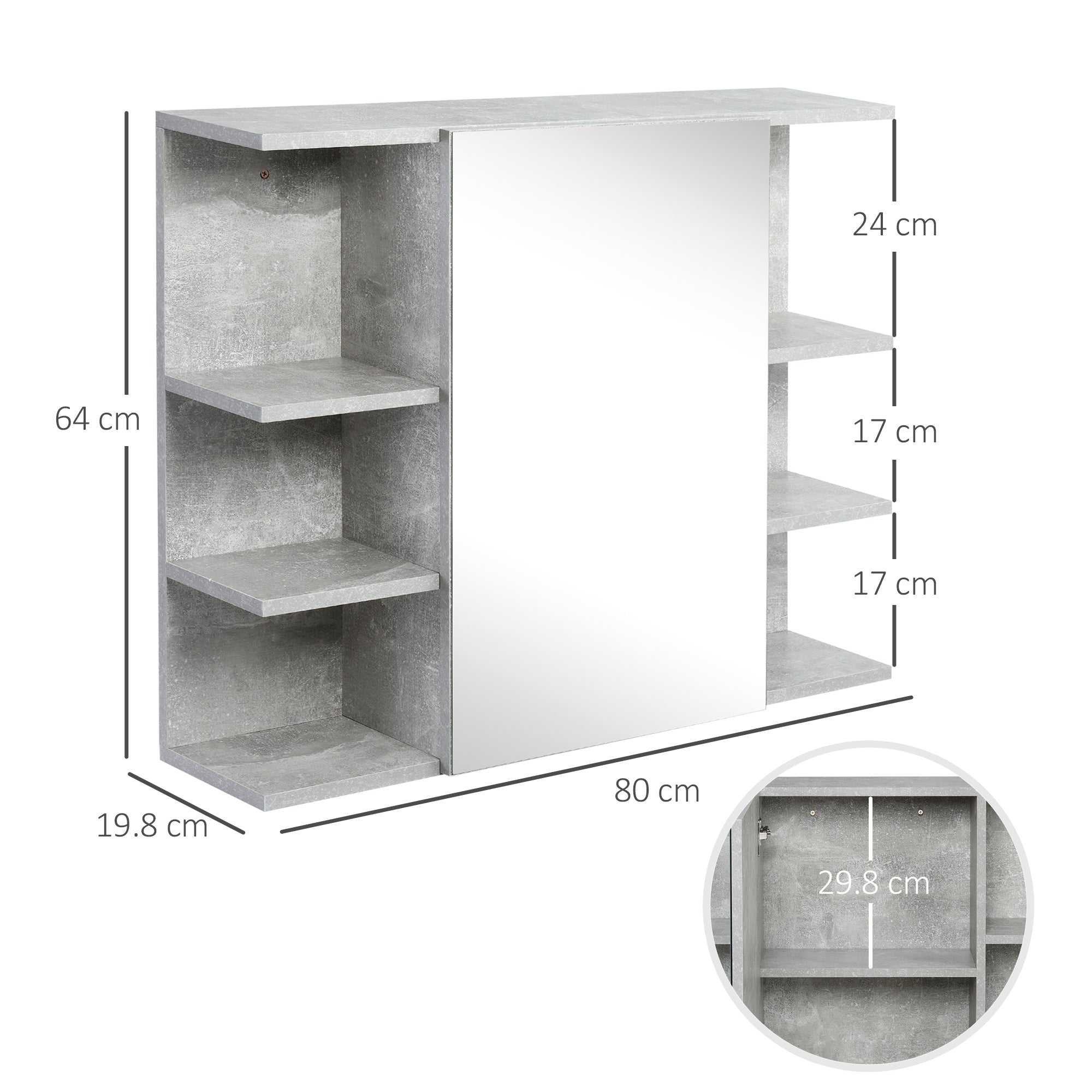 Wall-Mounted Bathroom Mirror Cabinet, Modern Wooden Wall Cabinet with Mirror Door and Shelves, 80x19.8x64cm, Gray