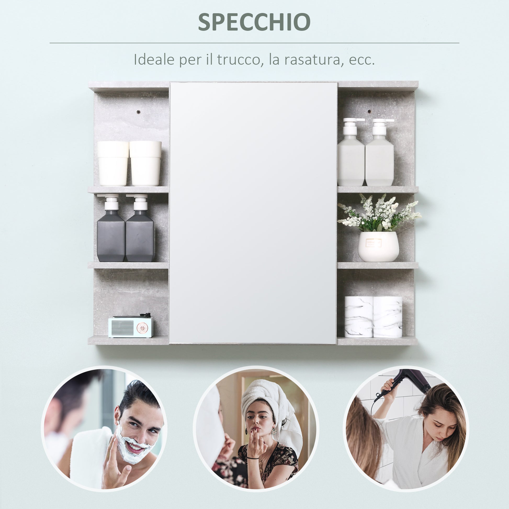 Wall-Mounted Bathroom Mirror Cabinet, Modern Wooden Wall Cabinet with Mirror Door and Shelves, 80x19.8x64cm, Gray