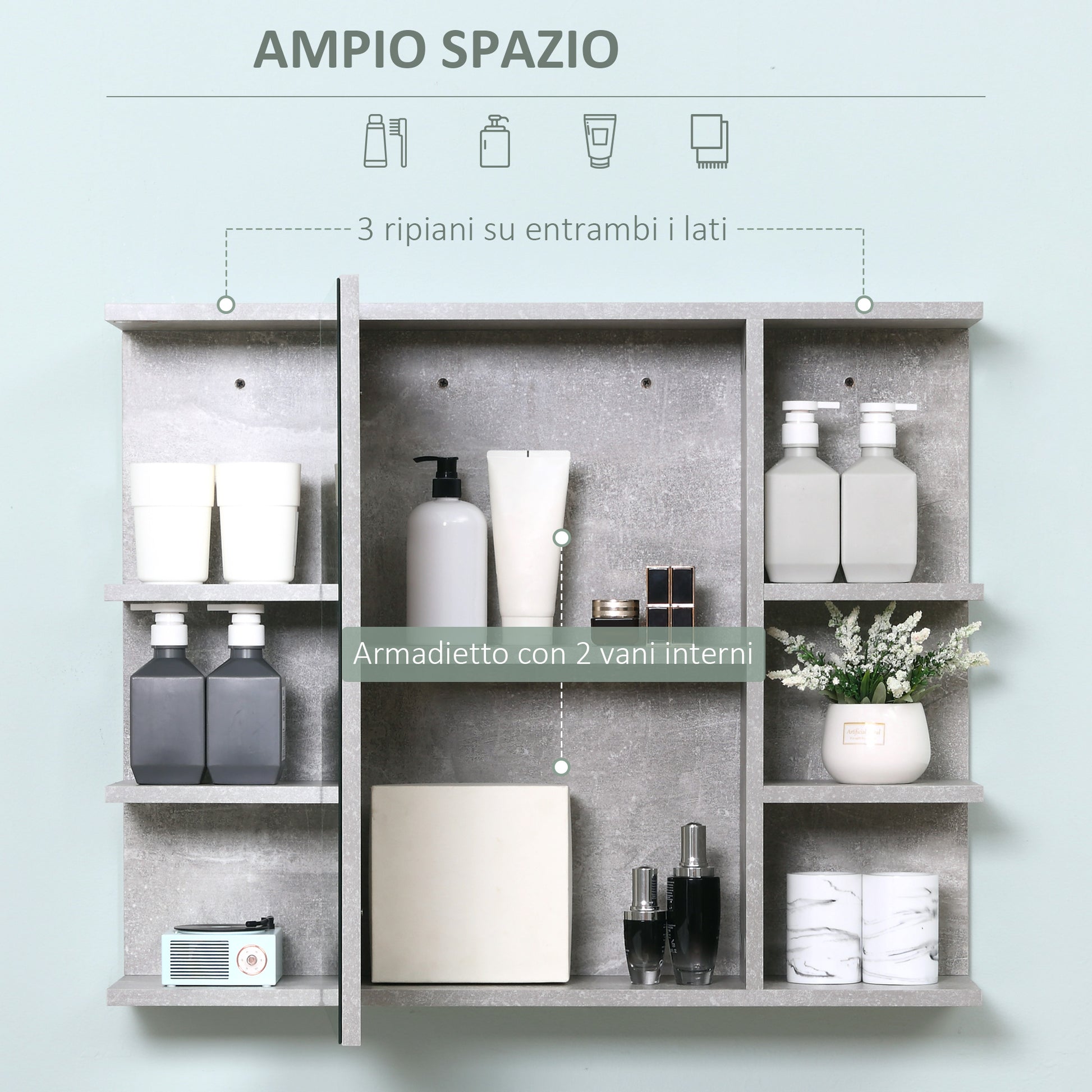 Wall-Mounted Bathroom Mirror Cabinet, Modern Wooden Wall Cabinet with Mirror Door and Shelves, 80x19.8x64cm, Gray
