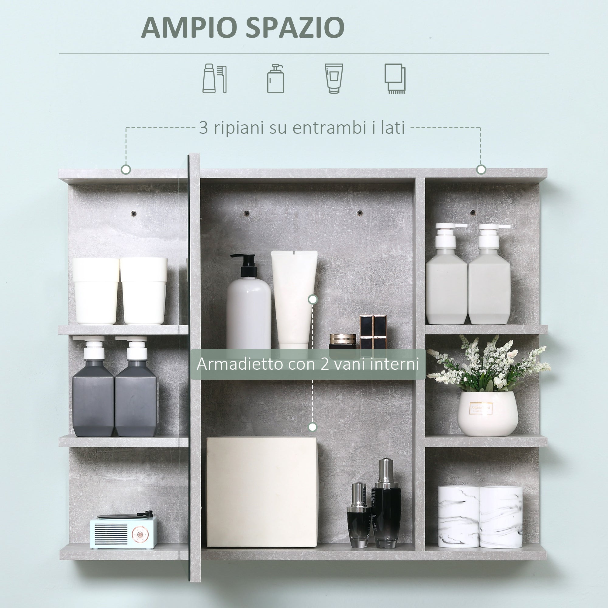 Wall-Mounted Bathroom Mirror Cabinet, Modern Wooden Wall Cabinet with Mirror Door and Shelves, 80x19.8x64cm, Gray
