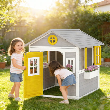 Wooden Indoor/Outdoor Playhouse with Door, Windows, Planters & Shelves — Gray, Ages 3–8
