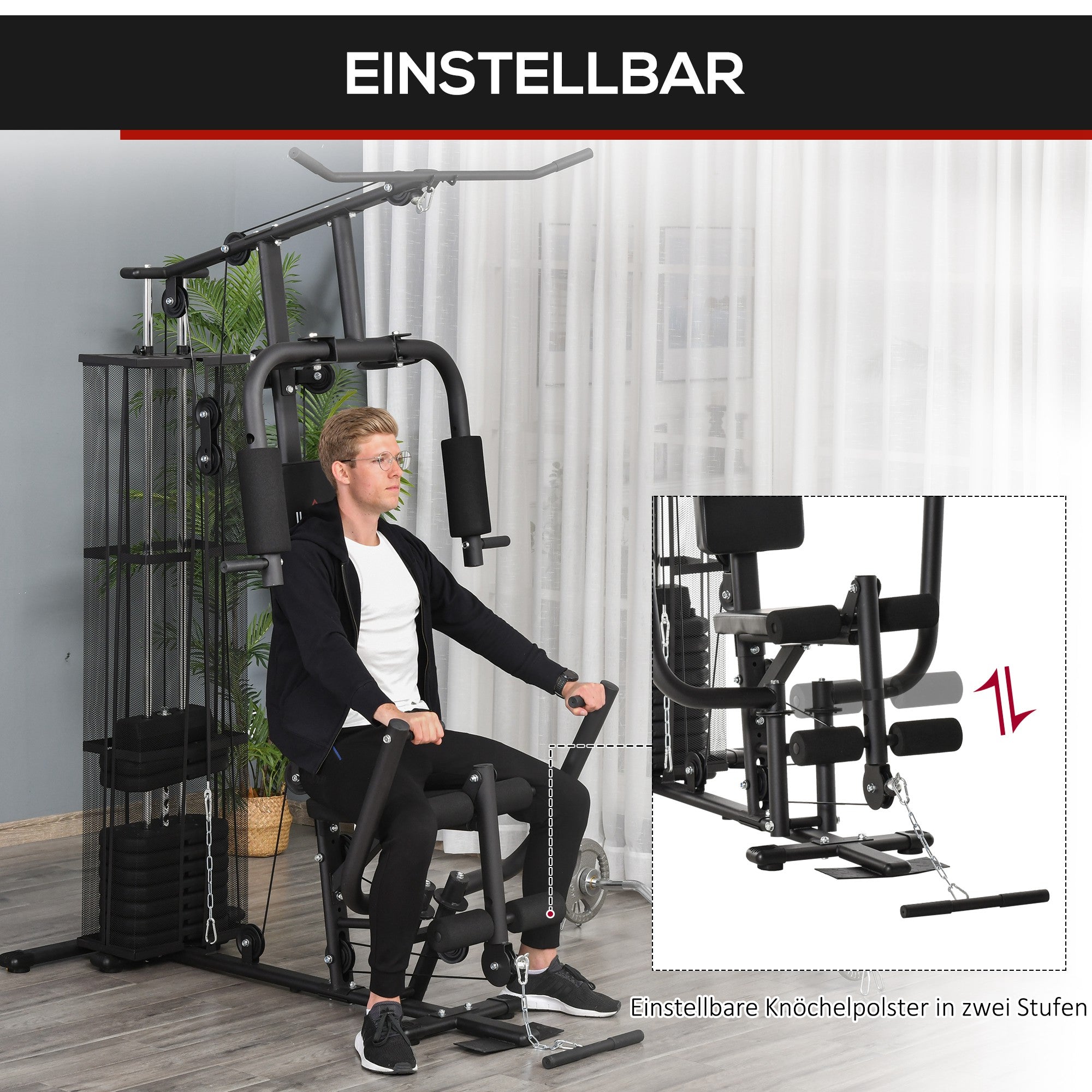 Power Station Fitness Station Fitness Equipment Multifunction Strength Training Multi-Station Training Station with Lat Pulldown Butterfly Bar 45kg Weights Rope, Fitness Equipment for Home Black